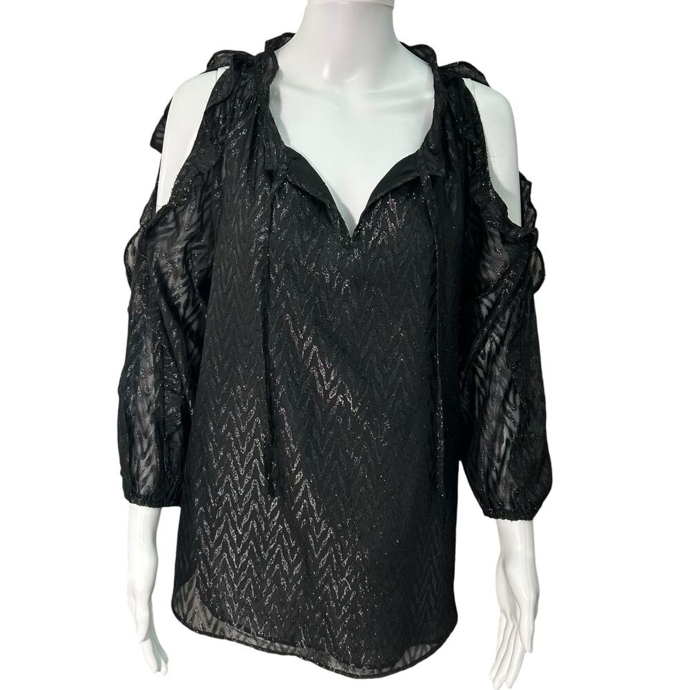 NWT Cato Women M Black Glitter Layered Sheer 3/4 Sleeve Cold Shoulder Top Blouse